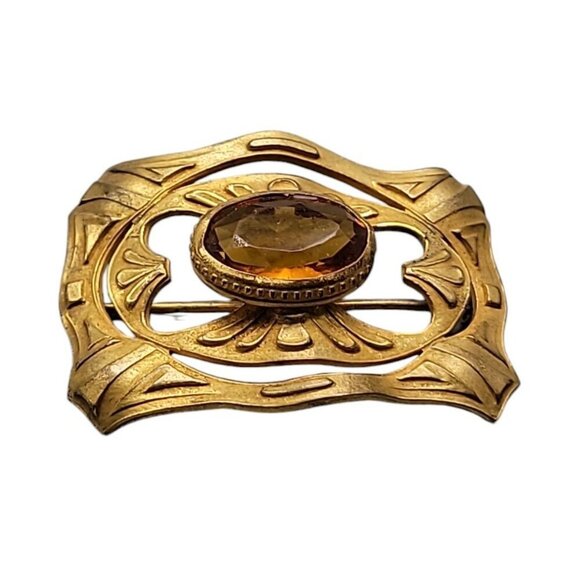 Buckle Style Czech Glass Brooch Light Brown Boho Stone Gold Tone Setting - Picture 2 of 10